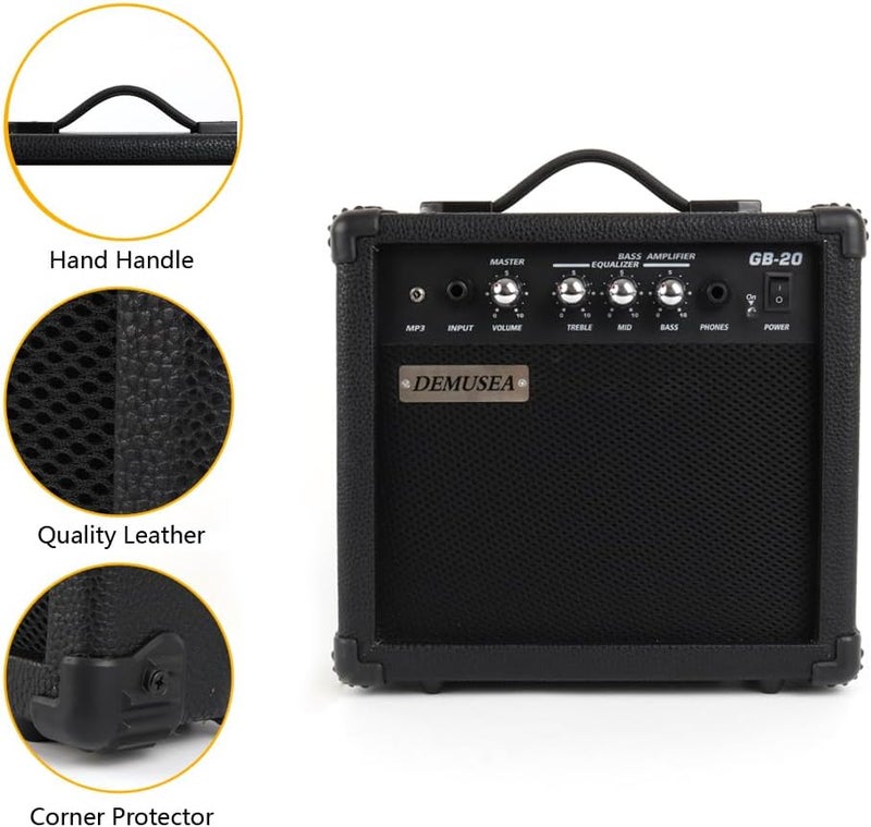 demusea 20W Watt Electric Bass Guitar Black Amplifier Portable Travel Mini Practic Amp Headphone Jack Aux Treble Middle Bass Mp3 with Cable Adapter Guitar Picks in - Image 2